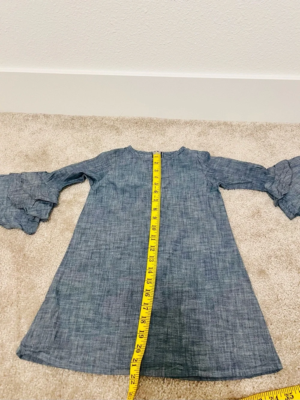 AT-U-N Girls 5-6Y Chambray Blue Cotton Ruffle Sleeve Dress Back to School